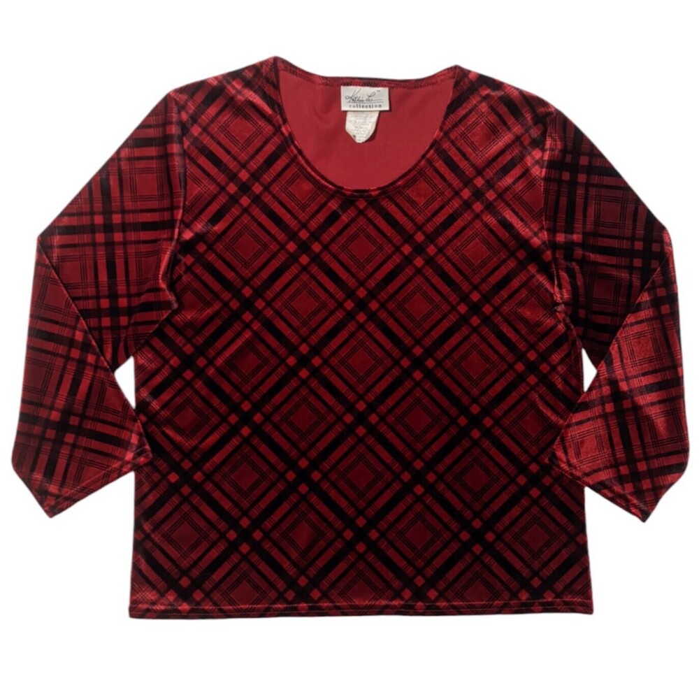Vintage Plaid Velvet Shirt Red Black Top M Medium Kathie Lee 90s Punk Stretchy